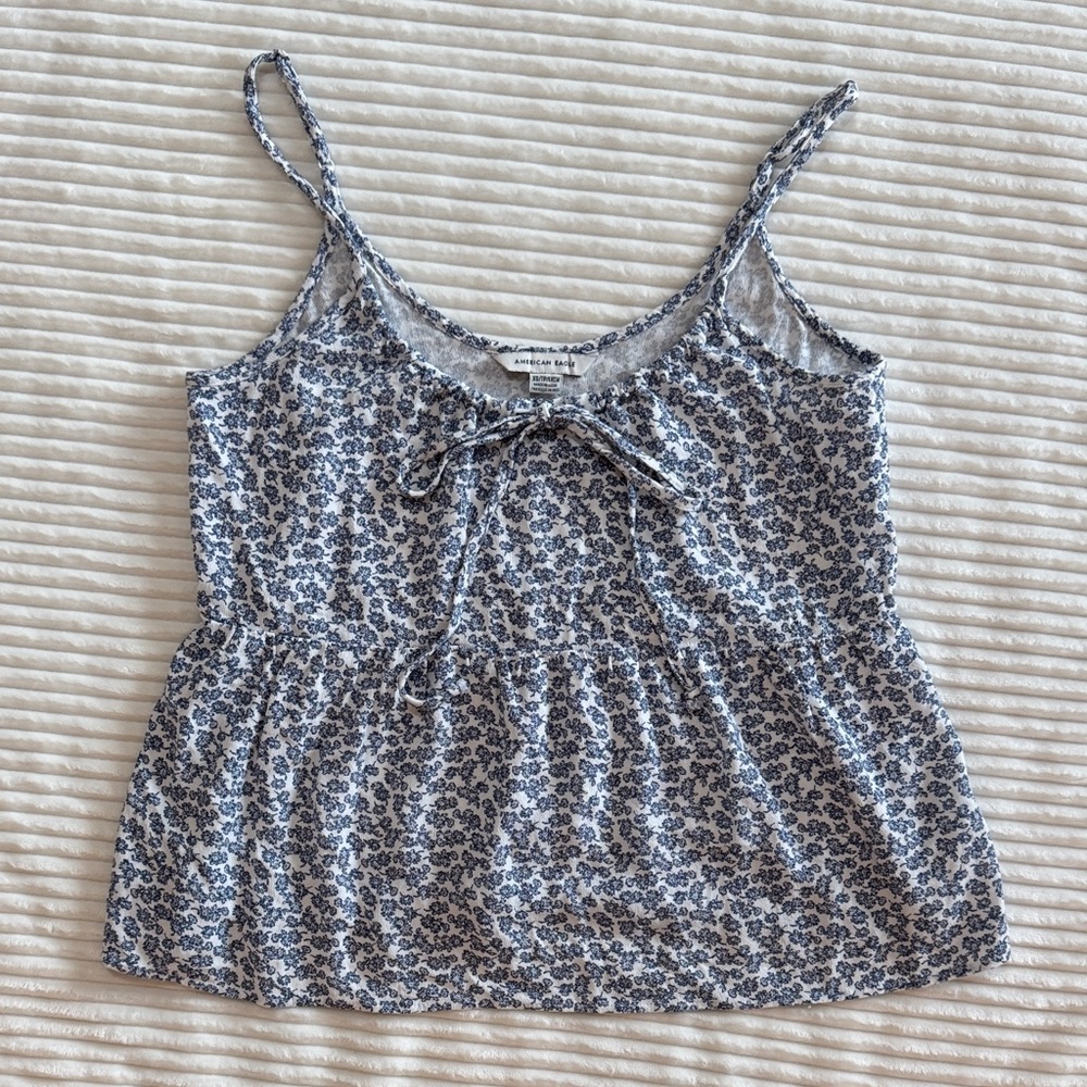American Eagle Blue White Floral Tie Front Flowy Spaghetti Strap Cropped Top XS